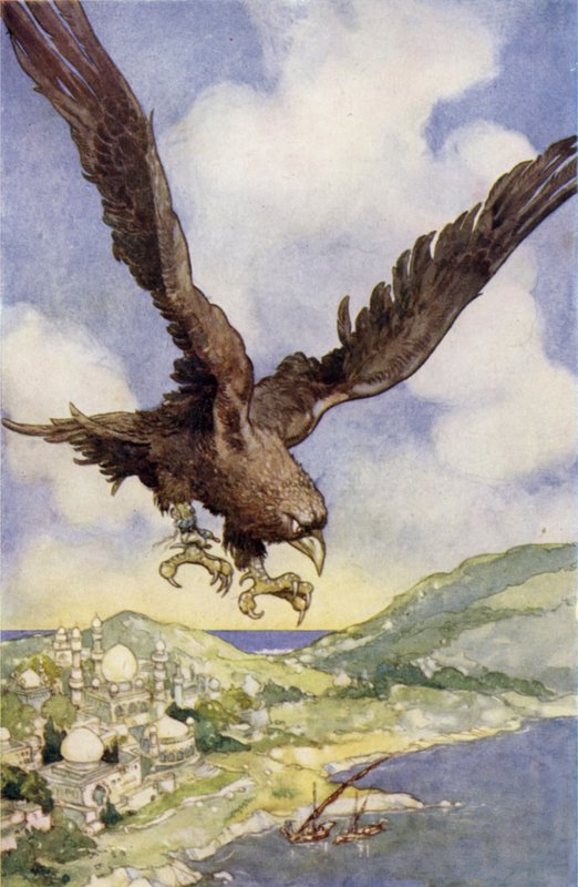 Un uccello gigante chiamato Roc (litografia a colori) da René Bull