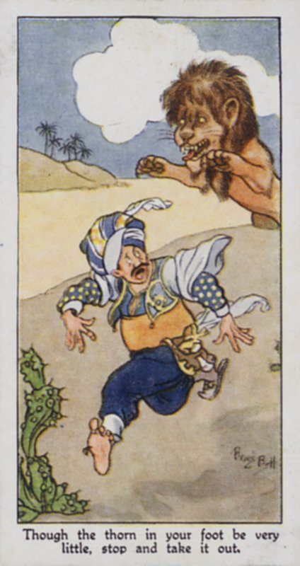 Proverbio orientale: Anche se la spina nel piede è molto piccola, fermati e toglila (litografia a colori) da René Bull