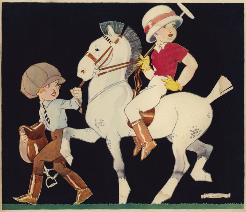 Ragazzo su pony da polo, guidato da una ragazza di scuderia da Rene Vincent
