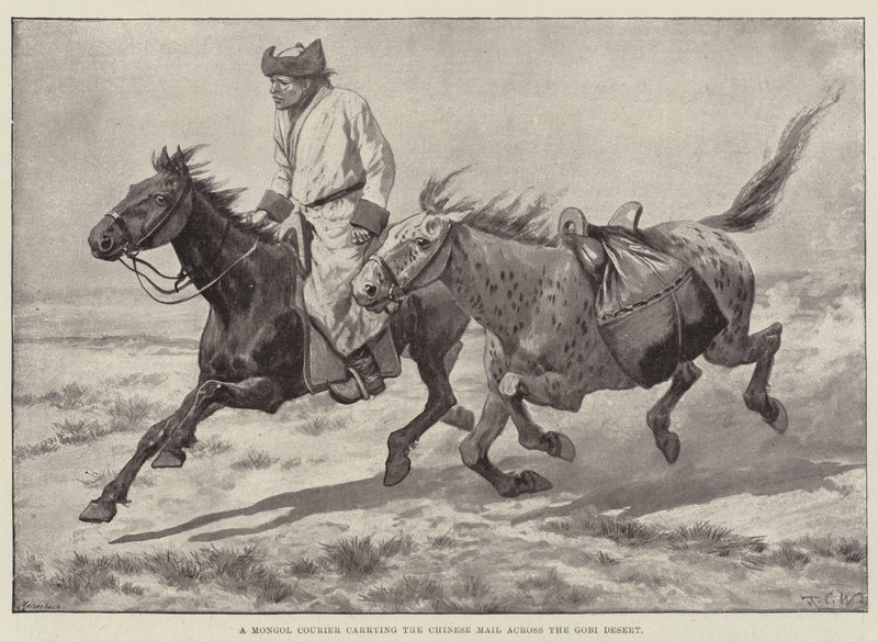 Un corriere mongolo che trasporta la posta cinese attraverso il deserto del Gobi da Richard Caton Woodville junior