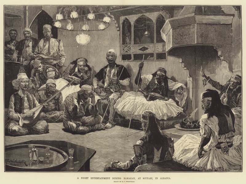 Un intrattenimento notturno durante il Ramazan, a Scutari, in Albania da Richard Caton Woodville junior