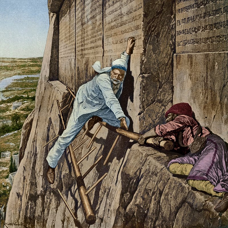 Una fuga stretta per Sir Henry Rawlinson alla Roccia di Behistun, c.1920 da Richard Caton II Woodville