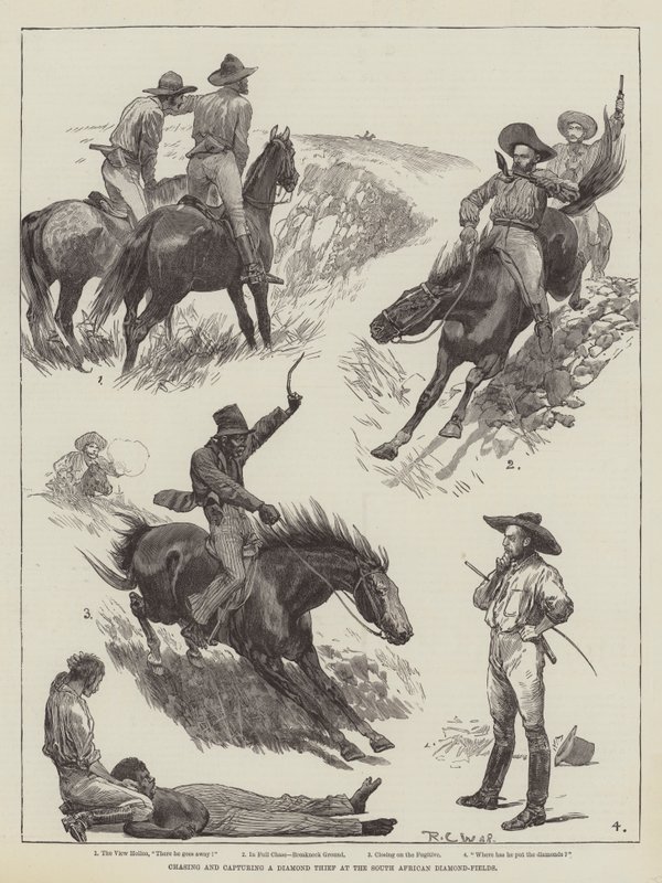 Inseguimento e cattura di un ladro di diamanti nei campi di diamanti sudafricani da Richard Caton Woodville junior