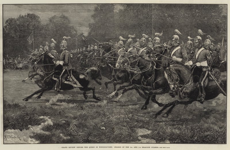 Grande parata davanti alla Regina nel Windsor Park, carica dei 5° e 7° Dragoon Guards da Richard Caton Woodville junior