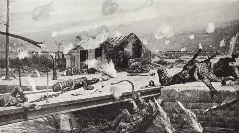 Il caporale Charles Jarvis fa saltare il ponte a Jemappes, Belgio, 23 agosto 1914 da Richard Caton Woodville junior