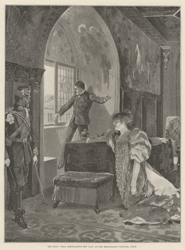 Les Rois, la nuova commedia di Sara Bernhardt al Teatro della Rinascita, Parigi da Richard Caton Woodville junior