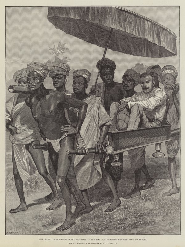 Il tenente (ora maggiore) Grant, ferito nei combattimenti di Manipur, portato indietro a Tummu da Richard Caton Woodville junior