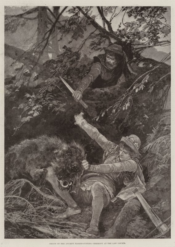 Origine della cerimonia antica del taglio della fascina nei tribunali da Richard Caton Woodville junior