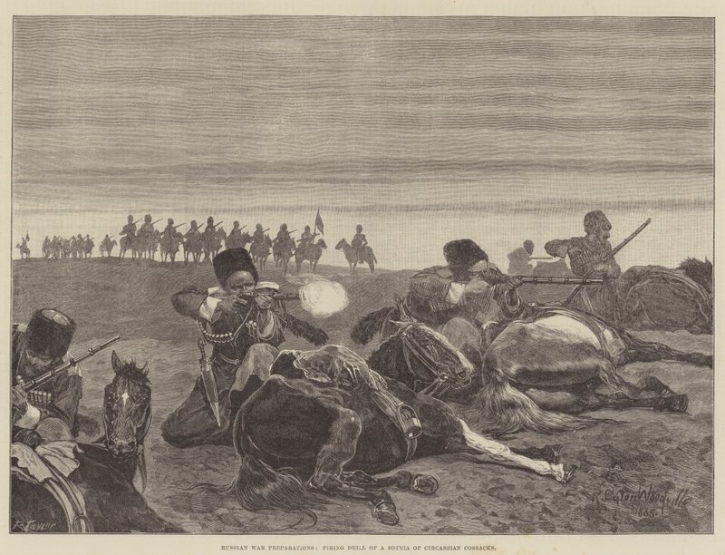 Preparativi di guerra russi, esercitazione di tiro di una sotnia di cosacchi circassi da Richard Caton Woodville junior