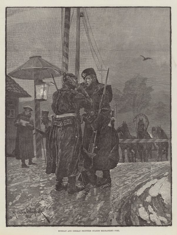 Guardie di frontiera russe e tedesche che si scambiano colpi di fuoco da Richard Caton Woodville junior