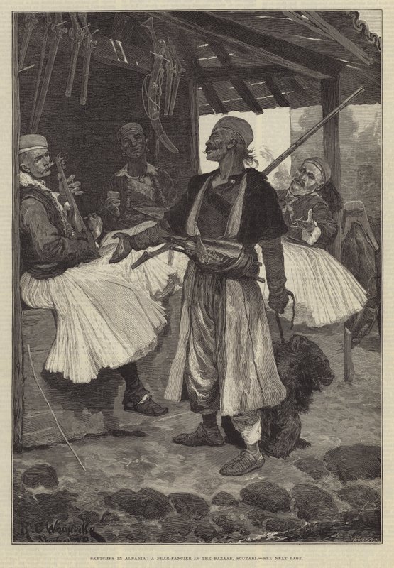 Schizzi in Albania, un amante degli orsi nel bazar, Scutari da Richard Caton Woodville junior