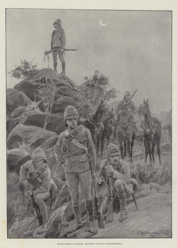Guerra sudafricana, fanteria montata in ricognizione da Richard Caton Woodville junior