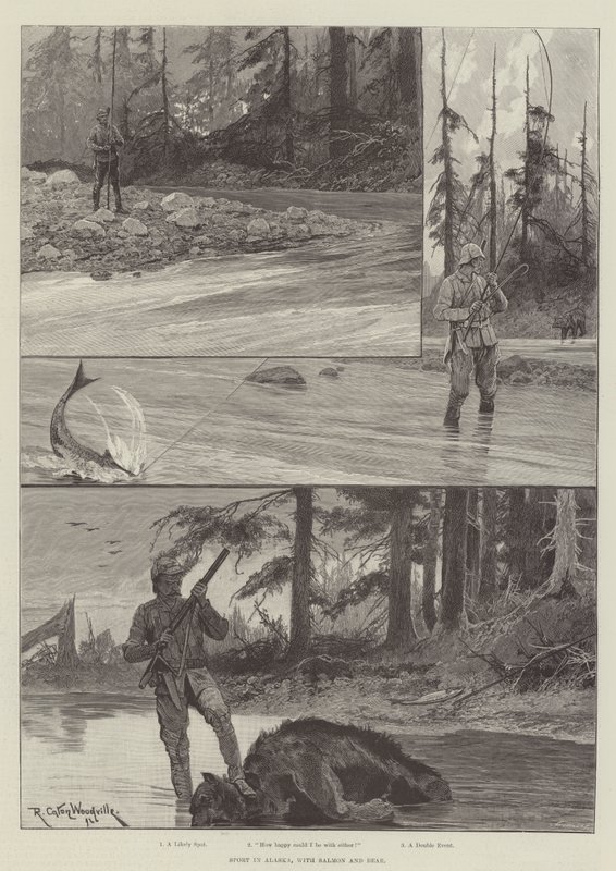 Sport in Alaska, con salmone e orso da Richard Caton Woodville junior