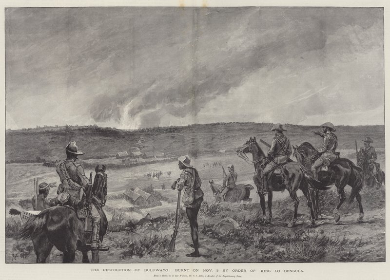 La distruzione di Buluwayo, bruciato il 3 novembre per ordine del re Lo Bengula da Richard Caton Woodville junior