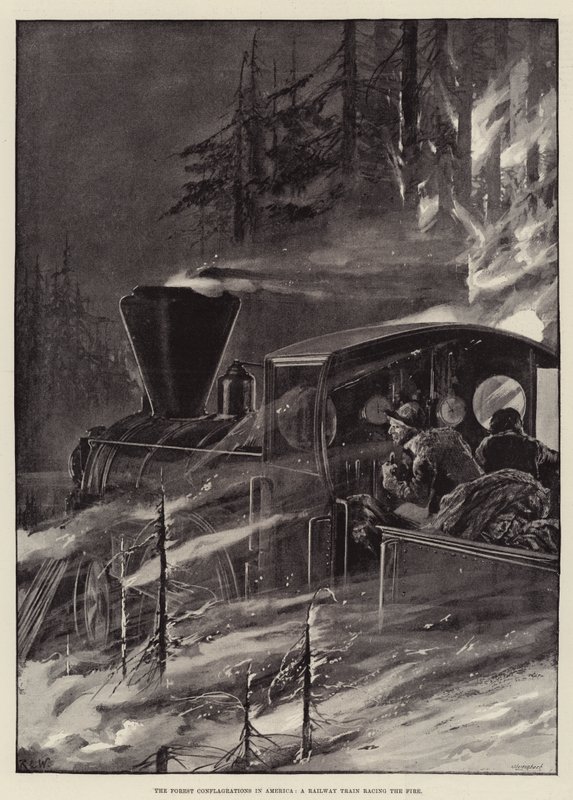 Gli incendi forestali in America, un treno ferroviario che corre contro il fuoco da Richard Caton Woodville junior