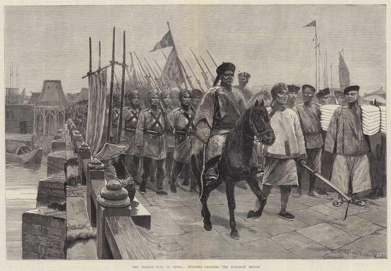 La guerra francese in Cina, soldati che attraversano il ponte di Foochow da Richard Caton Woodville junior