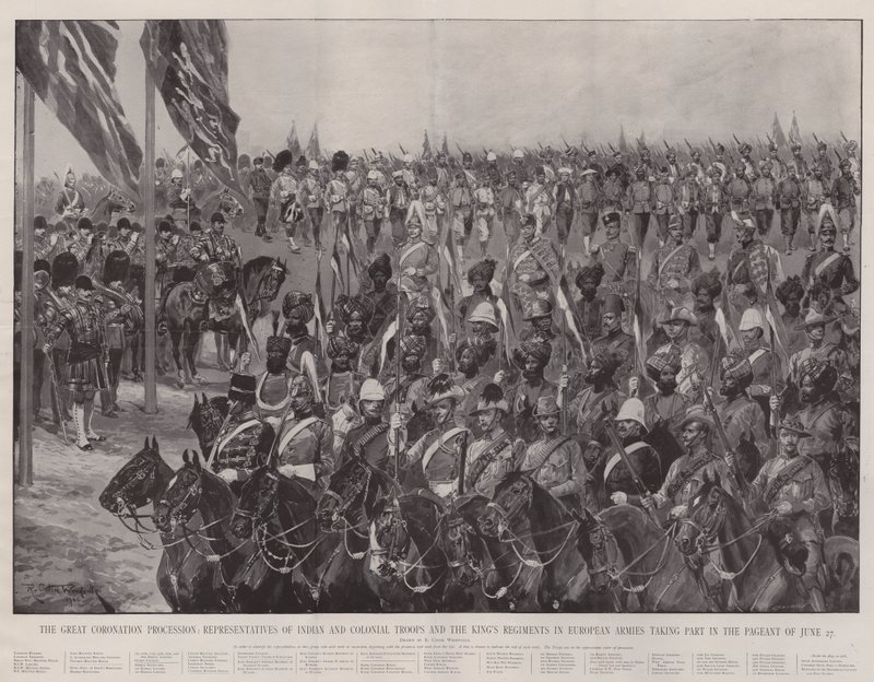 Il grande corteo di incoronazione, rappresentanti delle truppe indiane e coloniali e dei reggimenti del re negli eserciti europei che partecipano al corteo del 27 giugno da Richard Caton Woodville junior