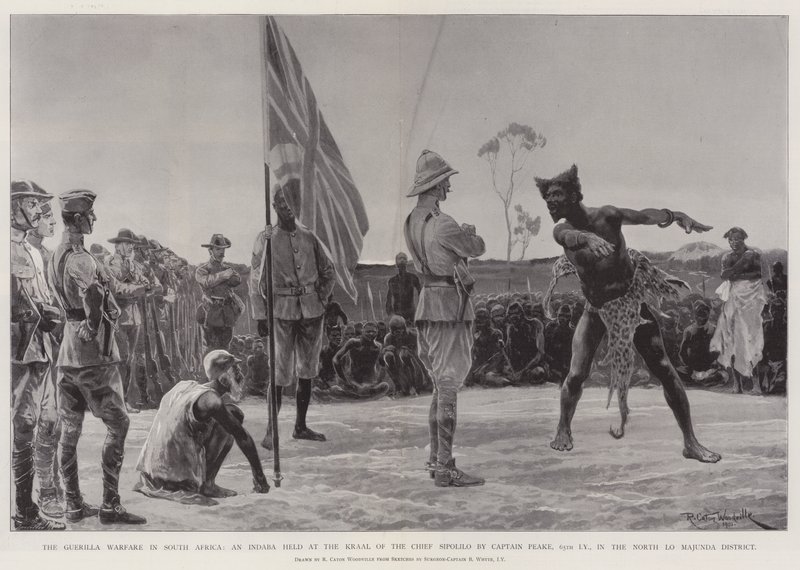 La guerriglia in Sud Africa, un Indaba tenuto al Kraal del capo Sipolilo dal capitano Peake, 65° Imperial Yeomanry, nel distretto di North Lo Majunda da Richard Caton Woodville junior