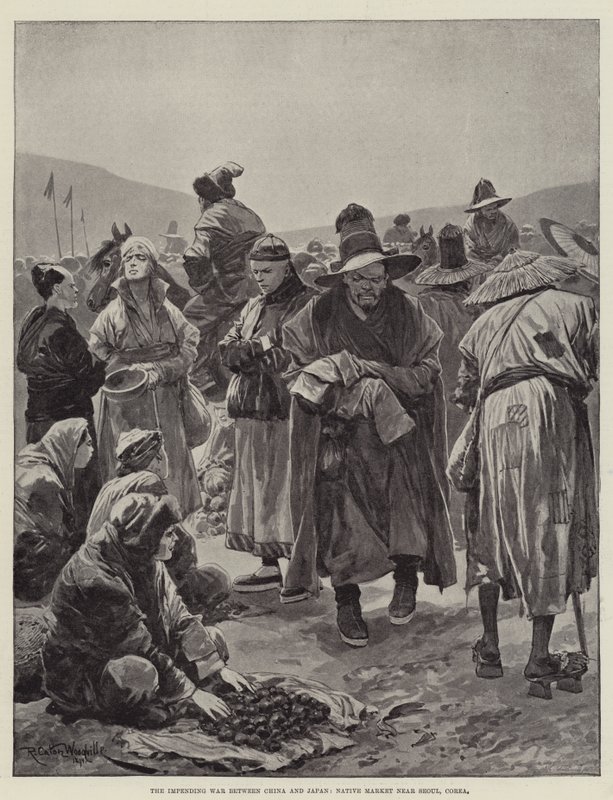 La guerra imminente tra Cina e Giappone, Mercato locale vicino a Seoul, Corea da Richard Caton Woodville junior