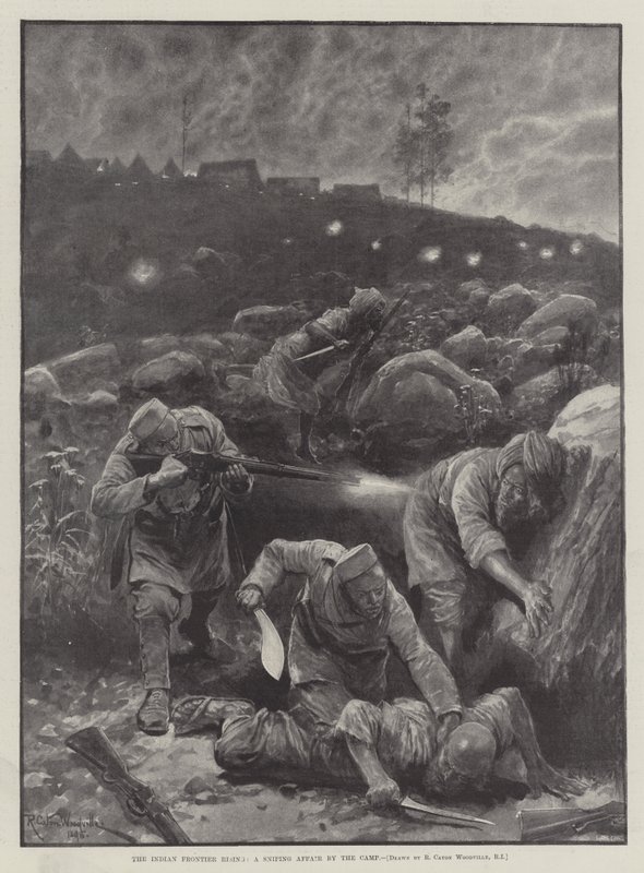 La rivolta della frontiera indiana, un affare di cecchinaggio presso il campo da Richard Caton Woodville junior