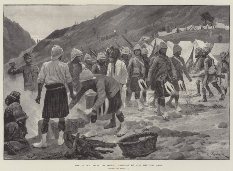 La rivolta della frontiera indiana, accampamento nel Passo Khyber da Richard Caton Woodville junior