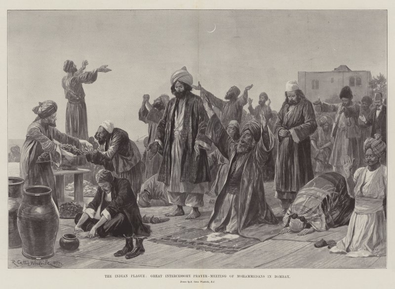 La peste indiana, grande incontro di preghiera intercessoria dei musulmani a Bombay da Richard Caton Woodville junior
