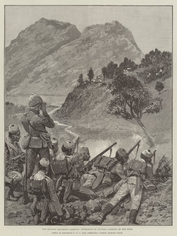 La guarnigione della residenza di Manipur, in ritirata verso Silchar, combattendo sulla strada da Richard Caton Woodville junior