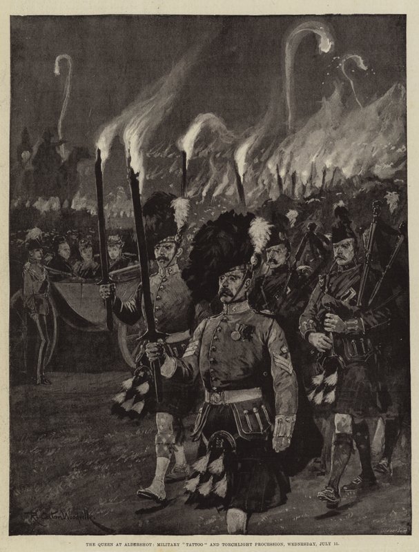 La regina ad Aldershot, Military Tattoo e processione con torce, mercoledì 11 luglio da Richard Caton Woodville junior