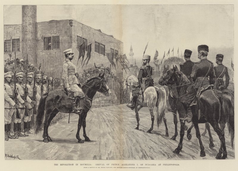 La rivoluzione in Rumelia, arrivo del principe Alessandro I di Bulgaria a Filippopoli da Richard Caton Woodville junior