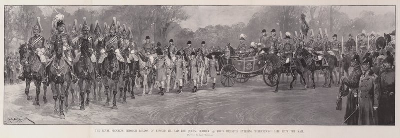Il progresso reale attraverso Londra di Edoardo VII e la Regina, 25 ottobre, le loro Maestà entrando a Marlborough Gate dal Mall da Richard Caton Woodville junior