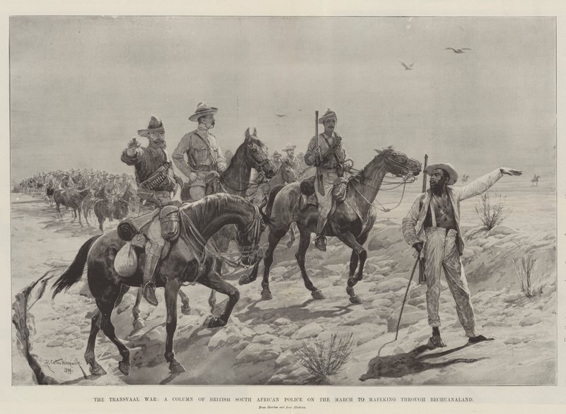 La guerra del Transvaal, una colonna della polizia sudafricana britannica in marcia verso Mafeking attraverso il Bechuanaland da Richard Caton Woodville junior