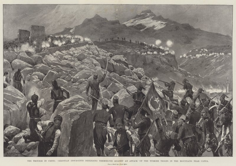 Il problema a Creta, insorti cristiani che si difendono da un attacco delle truppe turche nelle montagne vicino a Canea da Richard Caton Woodville junior