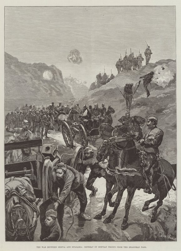 La guerra tra Serbia e Bulgaria, ritirata delle truppe serbe dal Passo di Dragoman da Richard Caton Woodville junior