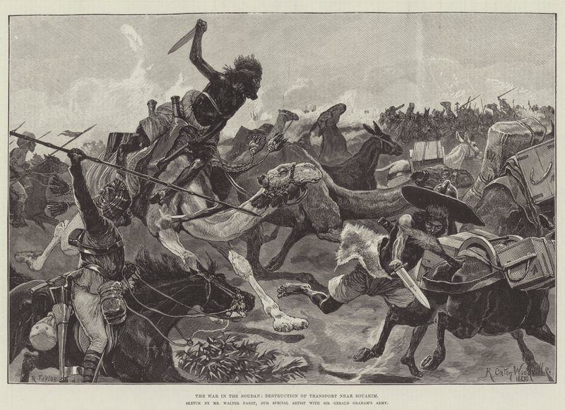 La guerra in Sudan, distruzione del trasporto vicino a Souakim da Richard Caton Woodville junior