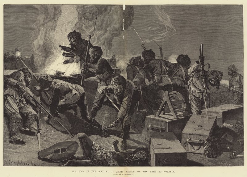 La guerra in Sudan, un attacco notturno al campo a Souakim da Richard Caton Woodville junior