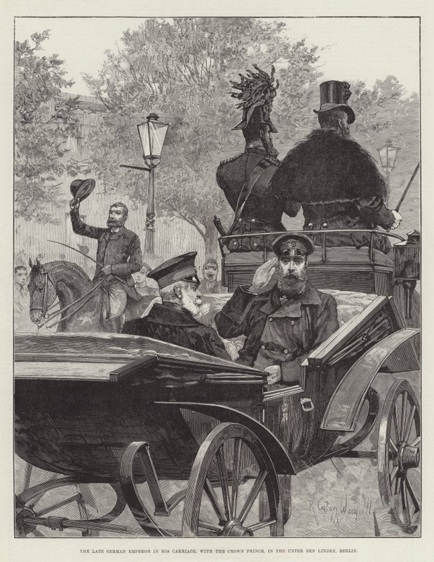 Il defunto imperatore tedesco nella sua carrozza, con il principe ereditario, in Unter den Linden, Berlino da Richard Caton Woodville junior