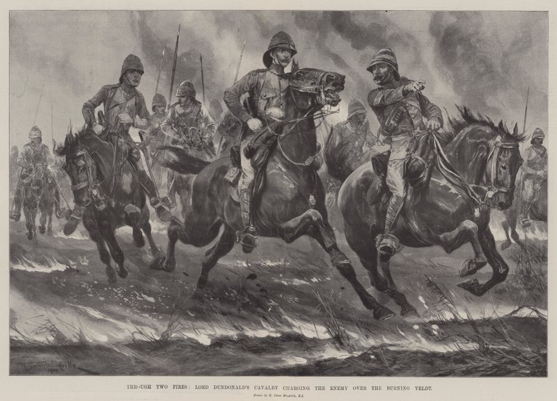 Attraverso due fuochi, la cavalleria di Lord Dundonald che carica il nemico attraverso la veldt in fiamme da Richard Caton Woodville junior
