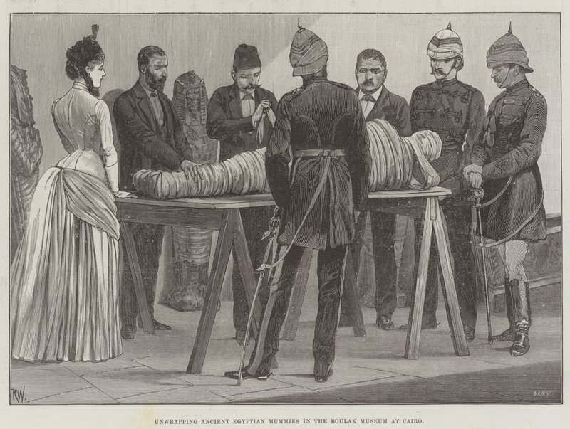Svolgimento di mummie egiziane antiche nel Museo Boulak al Cairo da Richard Caton Woodville junior