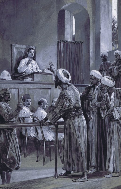 Sir William Lloyd Matthews che amministra la giustizia a Zanzibar, 1882 da after Richard Caton II Woodville