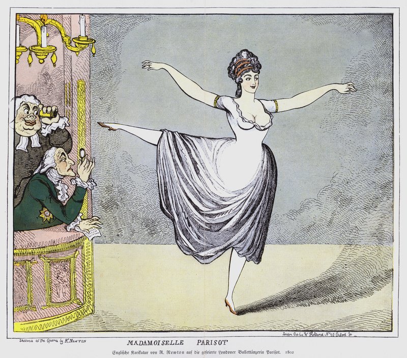 Cartone animato inglese che raffigura membri maschili del pubblico affascinati da una performance della controversa ballerina francese Mademoiselle Parisot, 1802 da Richard Newton