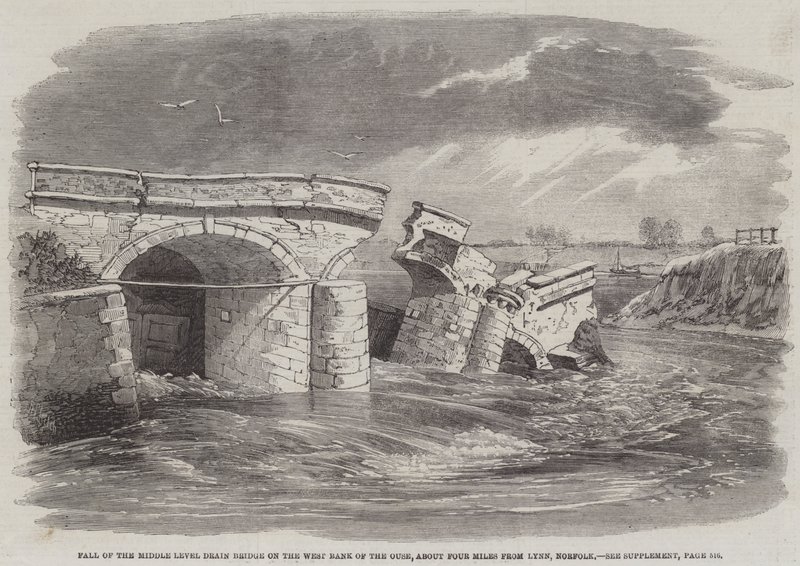 Crollo del ponte del Middle Level Drain sulla riva occidentale dell