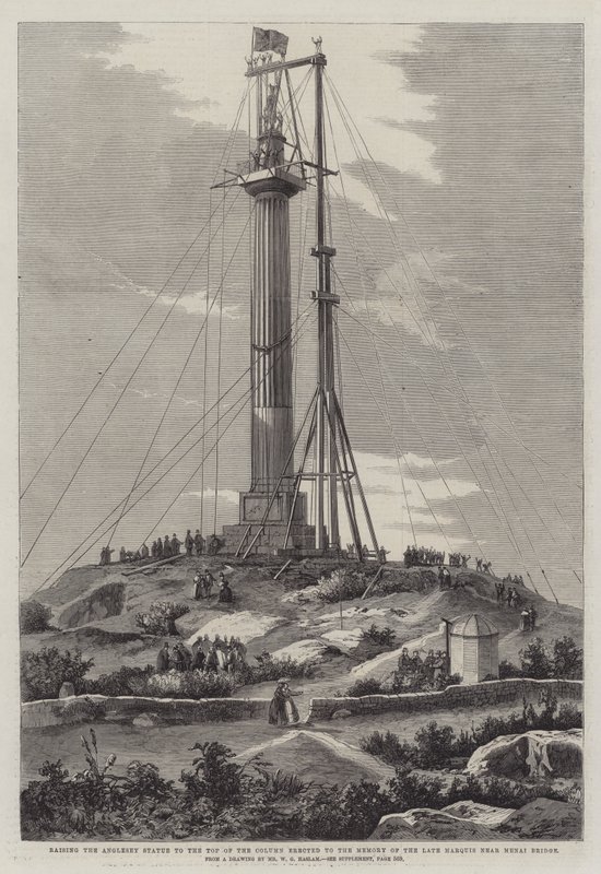 Sollevamento della statua di Anglesey in cima alla colonna eretta in memoria del defunto marchese vicino al ponte di Menai da Richard Principal Leitch