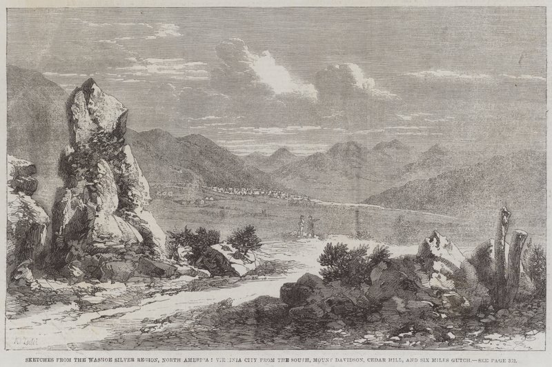 Schizzi dalla regione argentifera di Washoe, Nord America, Virginia City dal sud, Mount Davidson, Cedar Hill e Six Miles Gutch da Richard Principal Leitch