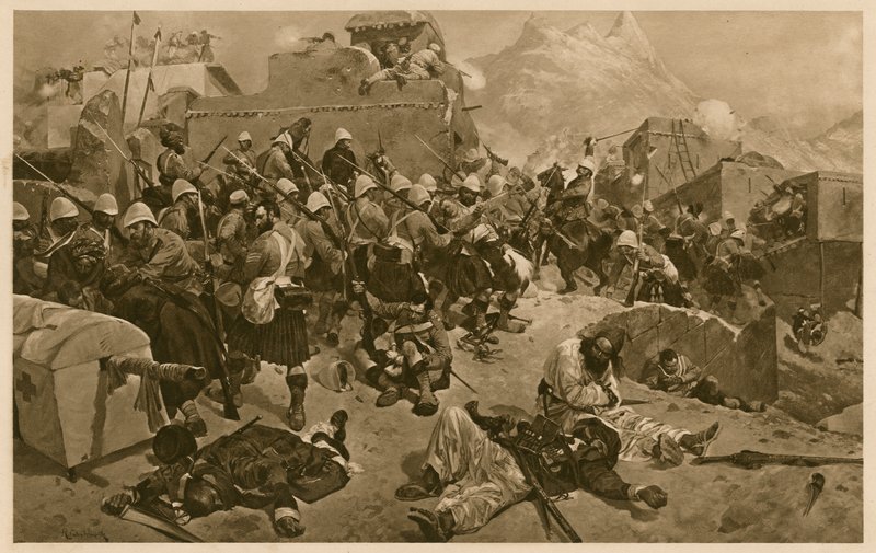 92nd Highlanders e 2nd Gurkhas che assaltano Gundi Mulla Sahibdad durante la Battaglia di Kandahar, Afghanistan, Seconda Guerra Anglo-Afgana da Richard Caton II (after) Woodville