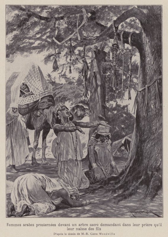 Donne arabe che si prostrano davanti a un albero sacro pregando di avere figli (litografia) da Richard Caton II (after) Woodville