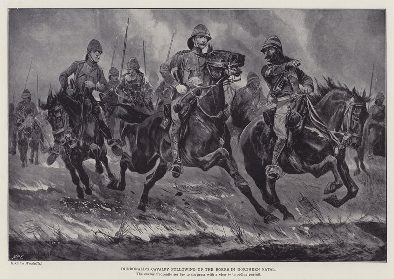 La cavalleria di Dundonald che insegue i Boeri nel Natal settentrionale (litografia) da Richard Caton II (after) Woodville