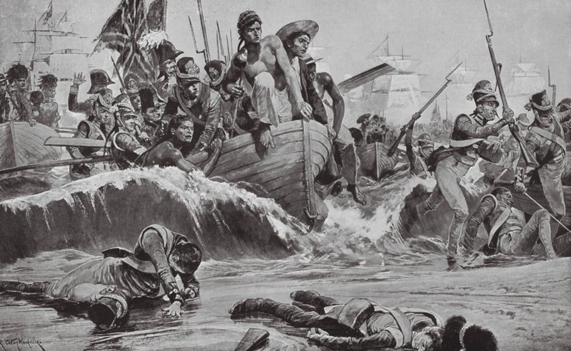 Le truppe britanniche forzano uno sbarco nella baia di Aboukir di fronte alle batterie francesi da Richard Caton II (after) Woodville