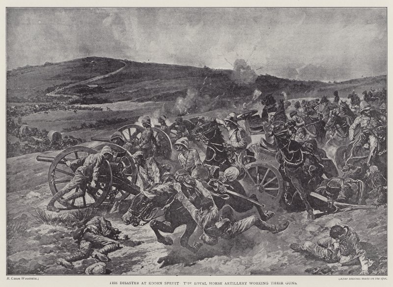 Il disastro a Koorn Spruit, la Royal Horse Artillery al lavoro con i loro cannoni (litografia) da Richard Caton II (after) Woodville