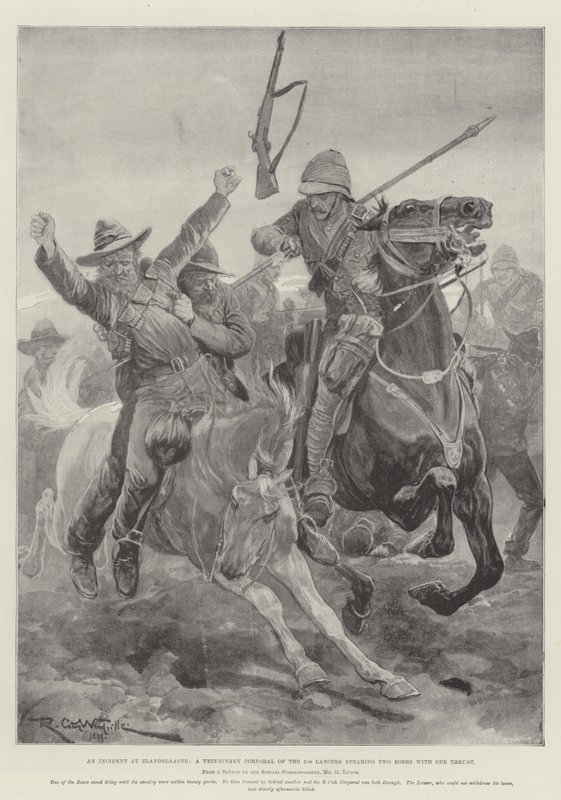 Un incidente a Elandslaagte, un caporale veterinario dei 5th Lancers infilza due Boeri con un solo colpo da Richard Caton Woodville junior