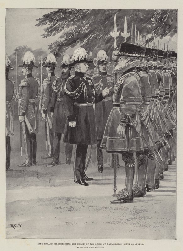 Re Edoardo VII ispeziona gli Yeomen of the Guard a Marlborough House il 25 giugno da Richard Caton Woodville junior